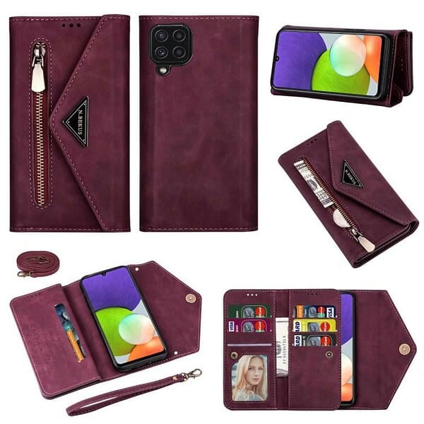 Samsung Galaxy A22 4G Phone Case Wallet N.Bekus Leather Flip Zipper Pocket Magnetic Purse With Strap & Card Holder for Girls Women (Purple)