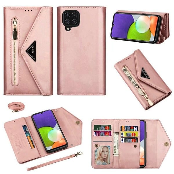 Samsung Galaxy A22 4G Phone Case Wallet N.Bekus Leather Flip Zipper Pocket Magnetic Purse With Strap & Card Holder for Girls Women (Rose Gold)