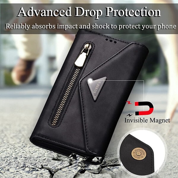 Samsung Galaxy A22 4G Phone Case Wallet [Not Fit 4G] N.Bekus Leather Flip Zipper Pocket Magnetic Purse With Strap & Card Holder for Girls Women (Black)