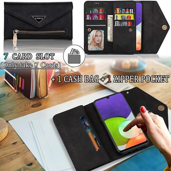Samsung Galaxy A22 4G Phone Case Wallet [Not Fit 4G] N.Bekus Leather Flip Zipper Pocket Magnetic Purse With Strap & Card Holder for Girls Women (Black)
