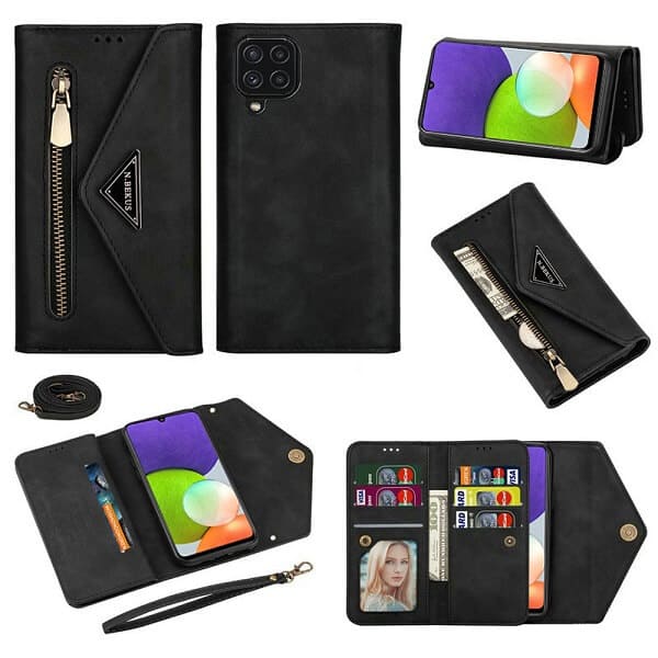 Samsung Galaxy A22 4G Phone Case Wallet [Not Fit 4G] N.Bekus Leather Flip Zipper Pocket Magnetic Purse With Strap & Card Holder for Girls Women (Black)