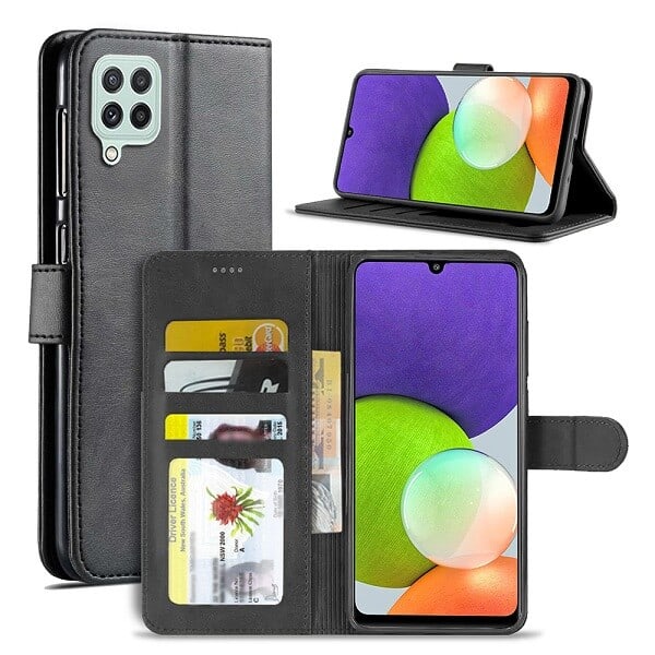 Samsung Galaxy A22 4G Wallet Case Flip Leather Card Slots Shockproof Magnetic Stand Cover (Black)