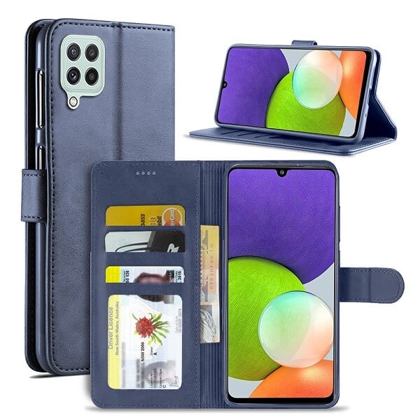 Samsung Galaxy A22 4G Wallet Case Flip Leather Card Slots Shockproof Magnetic Stand Cover (Navy Blue)