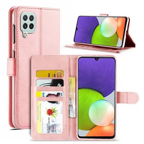 Samsung Galaxy A22 4G Wallet Case Flip Leather Card Slots Shockproof Magnetic Stand Cover (Rose Gold)