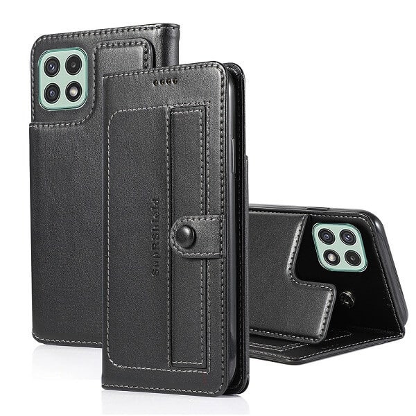 For Samsung Galaxy A22 5G | A22 4G  Wallet Case Flip Leather Card Slots Shockproof Magnetic Stand Cover (Black Style 2)