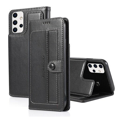 Samsung Galaxy A32 5G SupRShield Wallet Leather Card Holder Flip Protective Shockproof Magnetic Case Cover (Black Style 2)