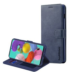 Samsung Galaxy A51 Genuine SupRShield Wallet Leather Flip Stand Magnetic Case Cover (Navy Blue)