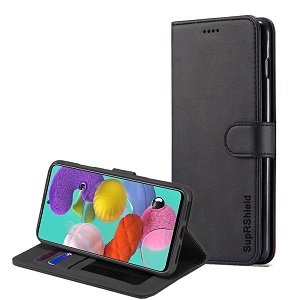 Samsung Galaxy A51 Genuine SupRShield Wallet Leather Flip Stand Magnetic Case Cover (Black)