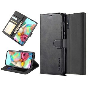 Samsung Galaxy A71 Genuine SupRShield Wallet Leather Flip Stand Magnetic Case Cover (Black)