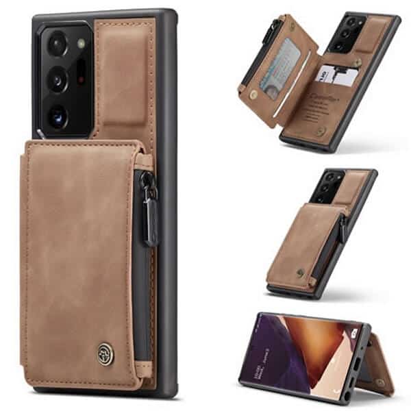 Samsung Galaxy Note 20 Ultra CaseMe Back Zipper Wallet Case W/ 3 Card Slots, RFID Blocking, 1 Money Pocket, Credit Card Holder Leather Cover (Brown)