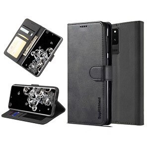 Samsung Galaxy S20 Ultra Genuine SupRShield Wallet Leather Flip Stand Magnetic Case Cover (Black)