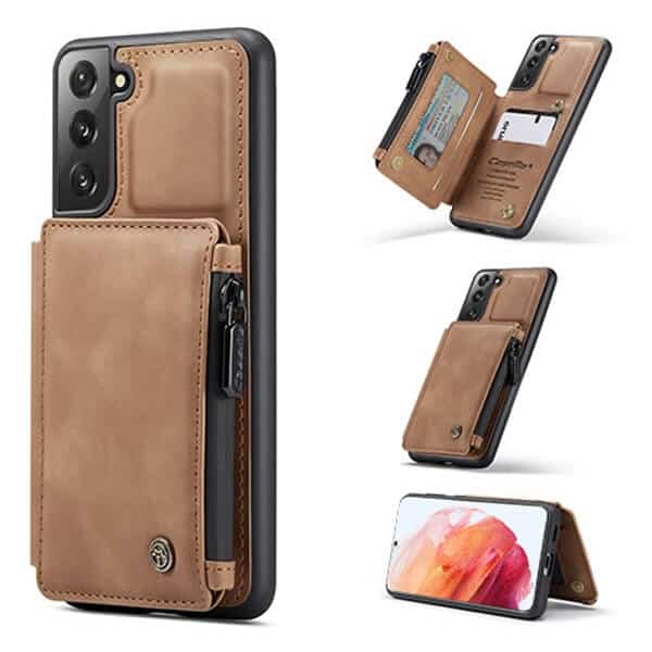 Samsung Galaxy S21 CaseMe Back Zipper Wallet Case W 3 Card Slots, RFID Blocking, 1 Money Pocket, Credit Card Holder Leather Cover (Brown)