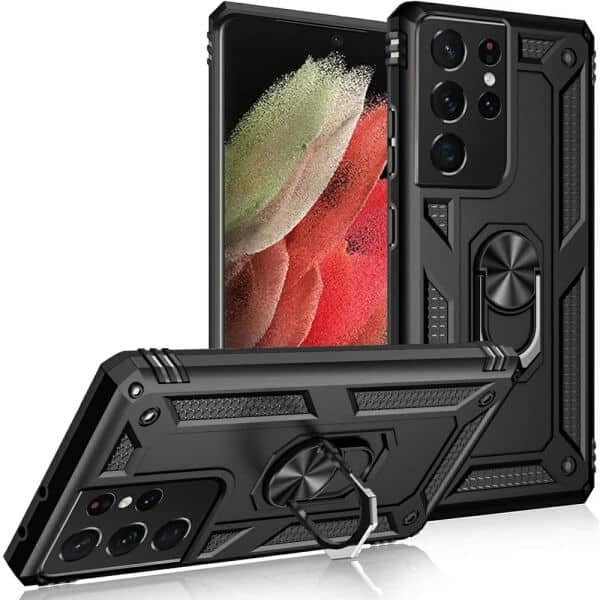 Samsung Galaxy S21 Ultra Anti Scratch Rugged Magnetic Car Mount Ring Shockproof Heavy Duty Cover (Black)
