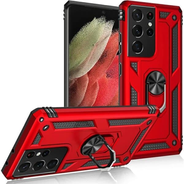 Samsung Galaxy S21 Ultra Anti Scratch Rugged Magnetic Car Mount Ring Shockproof Heavy Duty Cover (Red)