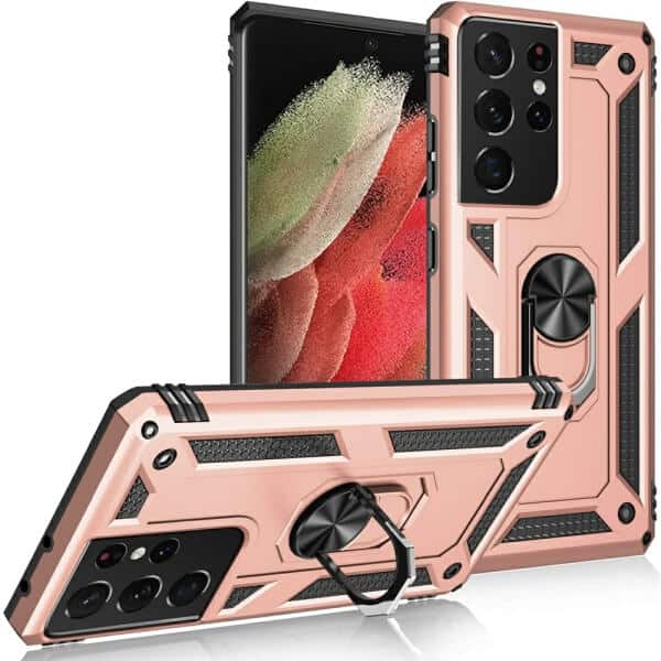 Samsung Galaxy S21 Ultra Anti Scratch Rugged Magnetic Car Mount Ring Shockproof Heavy Duty Cover (Rose Gold)