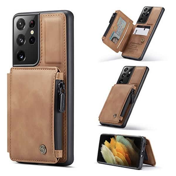 For Samsung Galaxy S21 | S21 Ultra CaseMe Back Zipper Wallet Case W/ 3 Card Slots, RFID Blocking, 1 Money Pocket, Credit Card Holder Leather Cover