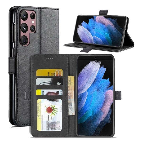 Samsung Galaxy S23 Ultra SupRShield Wallet Leather Card Holder Flip Protective Shockproof Magnetic Case Cover (Black)