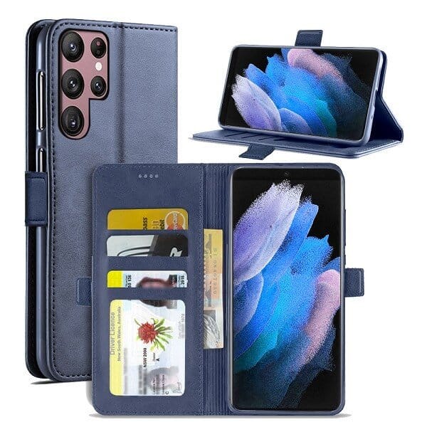 Samsung Galaxy S23 Ultra SupRShield Wallet Leather Card Holder Flip Protective Shockproof Magnetic Case Cover (Navy Blue)