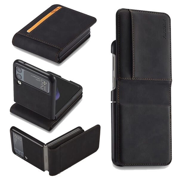 Samsung Galaxy Z Flip 3 Forwenw Wallet Leather Card Holder Flip Protective Shockproof Case Cover (Black)