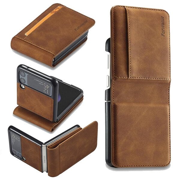 Samsung Galaxy Z Flip 4 Forwenw Wallet Leather Card Holder Flip Protective Shockproof Case Cover (Brown)