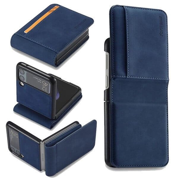 Samsung Galaxy Z Flip 4 Forwenw Wallet Leather Card Holder Flip Protective Shockproof Case Cover (Navy Blue)