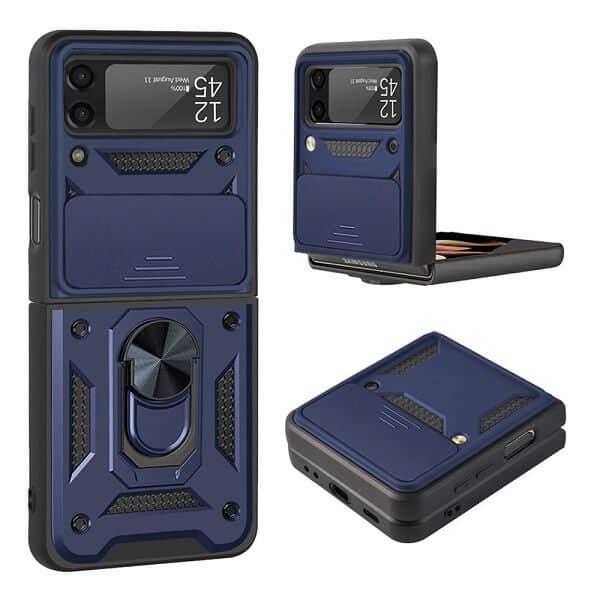 Samsung Galaxy Z Flip 4 Magnetic Ring Rugged Shockproof Case Heavy Duty Protective Back Cover ( Navy Blue)