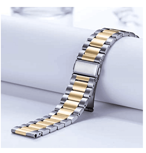 For Samsung Galaxy Watch 4 40mm 44mm Bands, Galaxy Watch 4 Classic Band 42mm 46mm, 20mm Stainless Steel Metal Replacement Strap Loop Bracelet Women Men (Dual Silver /Gold) 2