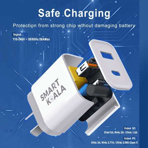 Smart Koala 25W PD Type C + USB A QC3.0 SAA Certified Super Fast Charging Dual Charger Wall Plug Power Adapter For Apple, Samsung, Google, Oppo