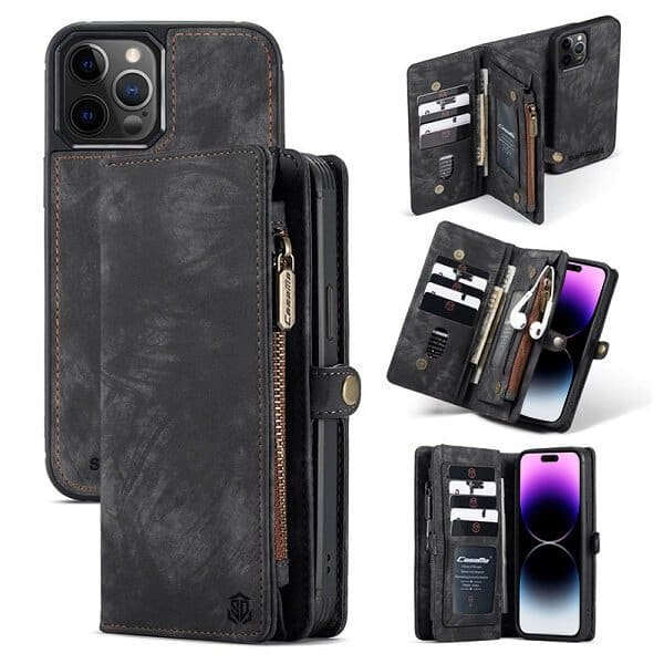 For Apple iPhone 15/14 Pro Max | 14 | 14 Pro | 14 Plus SupRShield Zipper & Detachable Retro Leather Pouch With Chain Wallet Flip Purse Bag Detachable Phone Case Cover
