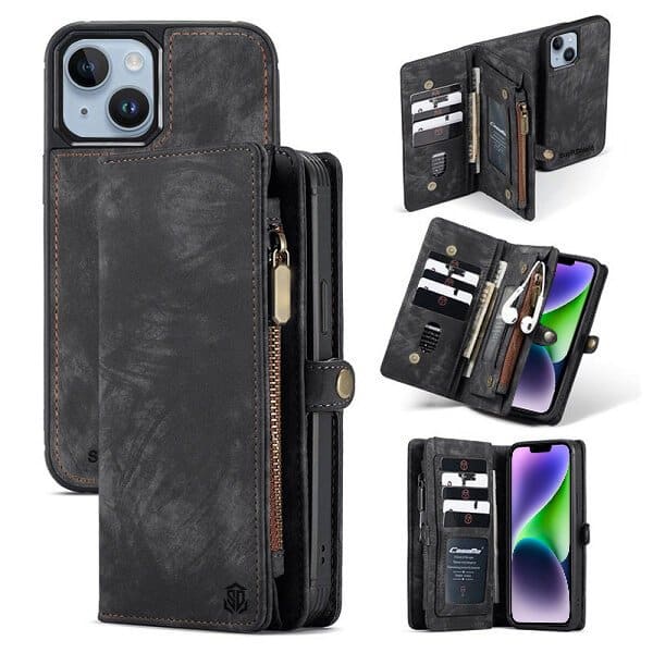 For Apple iPhone 15/14 Pro Max | 14 | 14 Pro | 14 Plus SupRShield Zipper & Detachable Retro Leather Pouch With Chain Wallet Flip Purse Bag Detachable Phone Case Cover