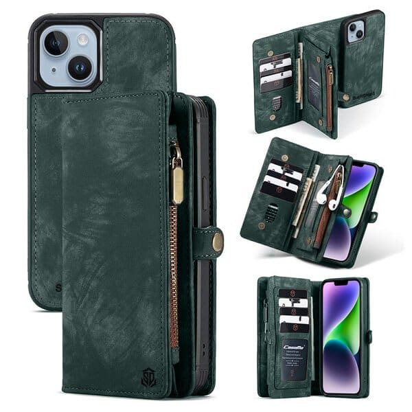 For Apple iPhone 15/14 Pro Max | 14 | 14 Pro | 14 Plus SupRShield Zipper & Detachable Retro Leather Pouch With Chain Wallet Flip Purse Bag Detachable Phone Case Cover