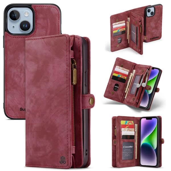 For Apple iPhone 15/14 Pro Max | 14 | 14 Pro | 14 Plus SupRShield Zipper & Detachable Retro Leather Pouch With Chain Wallet Flip Purse Bag Detachable Phone Case Cover