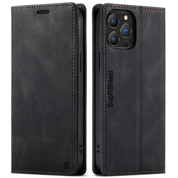 SupRShield For Apple iPhone 14 Pro Max Case RFID Blocking Retro Flip Premium Leather Card Holder Wallet Cover - (Black)