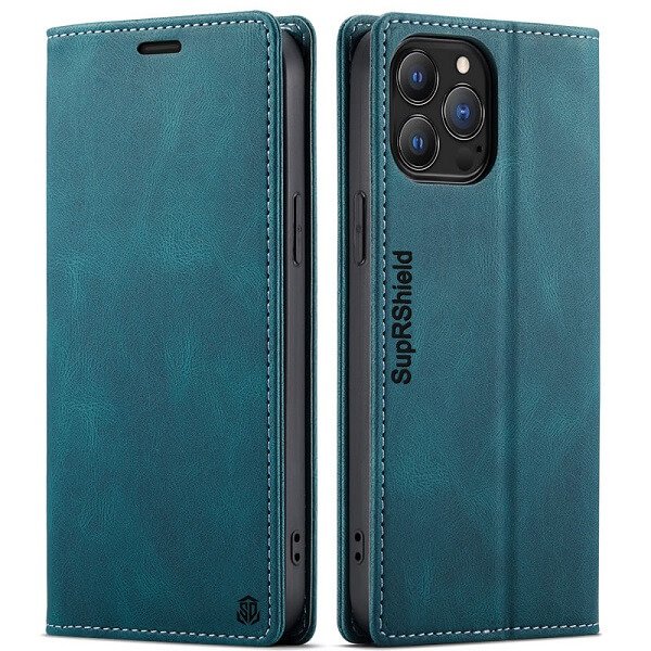 SupRShield For Apple iPhone 14 Pro Max Case RFID Blocking Retro Flip Premium Leather Card Holder Wallet Cover - (Cyan Blue)