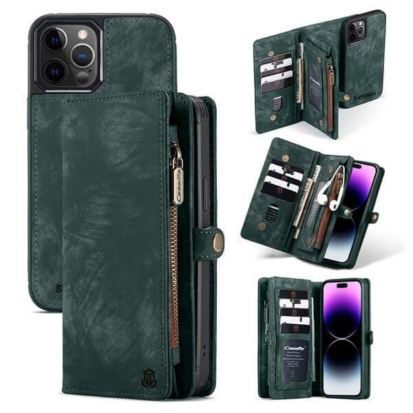 SupRShield For Apple iPhone 14 Pro Max Zipper & Detachable Retro Leather Pouch Wallet Flip Purse Bag Detachable Phone Case Cover (Green)
