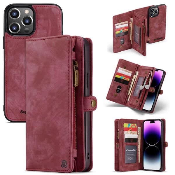 For Apple iPhone 15/14 Pro Max | 14 | 14 Pro | 14 Plus SupRShield Zipper & Detachable Retro Leather Pouch With Chain Wallet Flip Purse Bag Detachable Phone Case Cover
