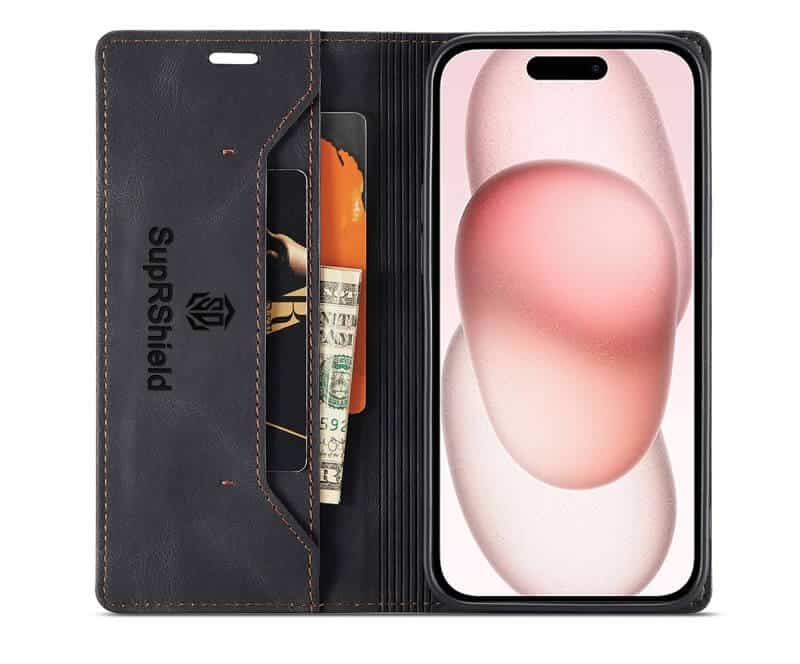 SupRShield For Apple iPhone 15 Case RFID Blocking Retro Flip Premium Leather Card Holder Wallet Cover