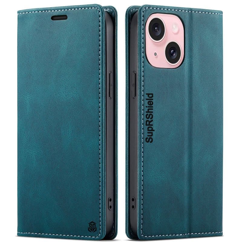 SupRShield For Apple iPhone 15 Case RFID Blocking Retro Flip Premium Leather Card Holder Wallet Cover