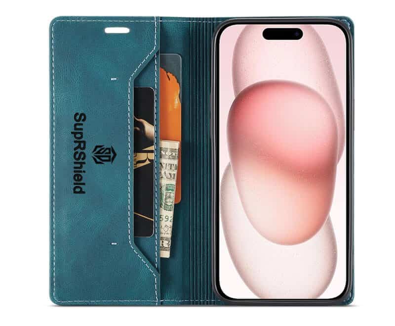 SupRShield For Apple iPhone 15 Case RFID Blocking Retro Flip Premium Leather Card Holder Wallet Cover