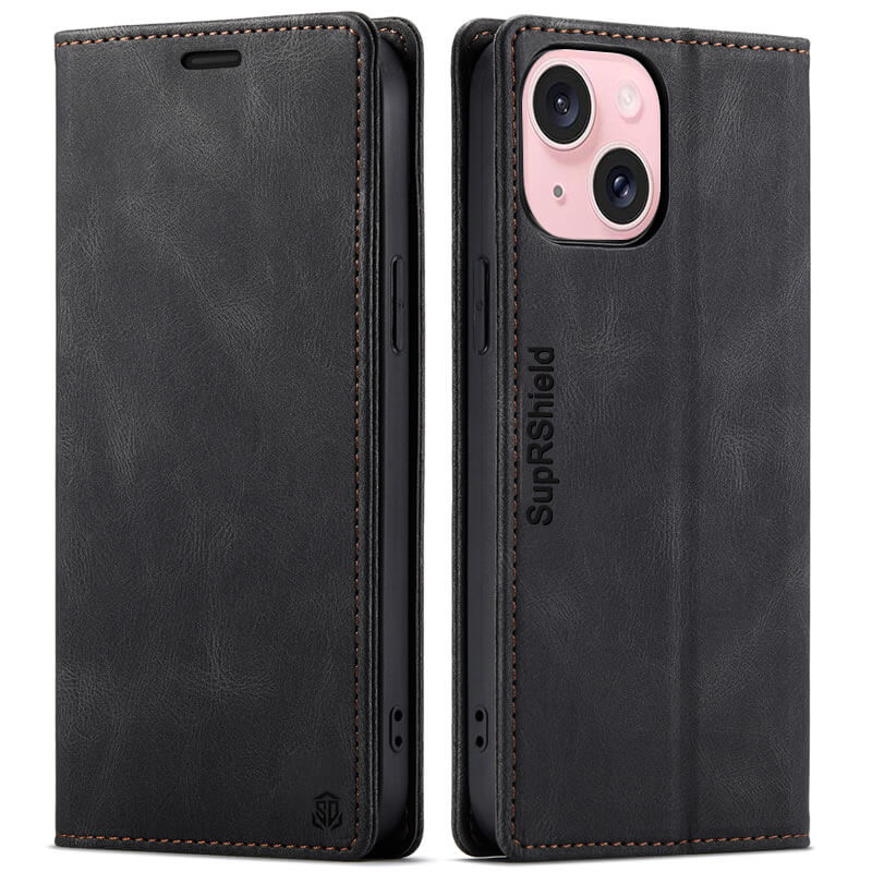 SupRShield For Apple iPhone 15 Case RFID Blocking Retro Flip Premium Leather Card Holder Wallet Cover