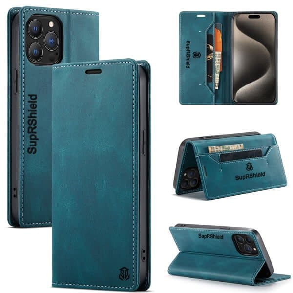 SupRShield For Apple iPhone 15 Pro Case RFID Blocking Retro Flip Premium Leather Card Holder Wallet Cover (1)