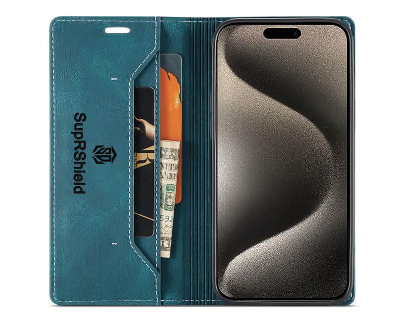 SupRShield For Apple iPhone 15 Pro Case RFID Blocking Retro Flip Premium Leather Card Holder Wallet Cover