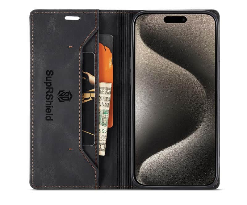 SupRShield For Apple iPhone 15 Pro Case RFID Blocking Retro Flip Premium Leather Card Holder Wallet Cover