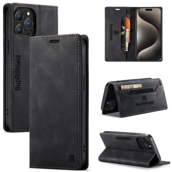 SupRShield For Apple iPhone 15 Pro Case RFID Blocking Retro Flip Premium Leather Card Holder Wallet Cover