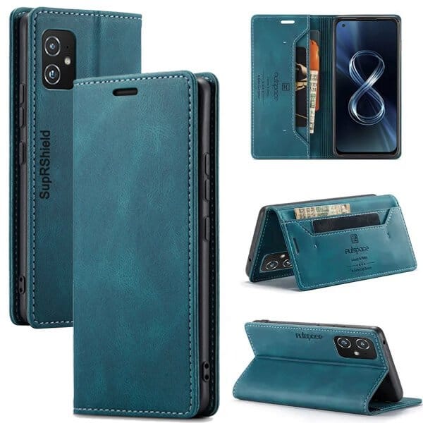 SupRShield For Asus Zenfone 8 5G Case RFID Blocking Retro Flip Premium Leather Card Holder Wallet Cover - (Cyan Blue)