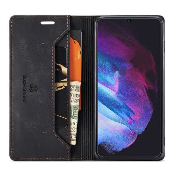 SupRShield For Samsung Galaxy S23 Case RFID Blocking Retro Flip Premium Leather Card Holder Wallet Cover - Black