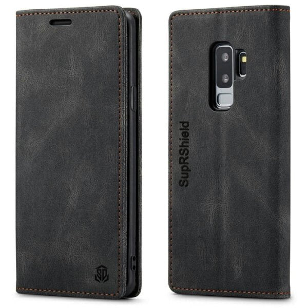 SupRShield For Samsung Galaxy S9 Plus Case RFID Blocking Retro Flip Premium Leather Card Holder Wallet Cover - Black