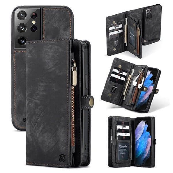 SupRShield Samsung Galaxy S23 Ultra Zipper & Detachable Retro Leather Pouch With Chain Wallet Flip Purse Bag Detachable Phone Case Cover (Black)
