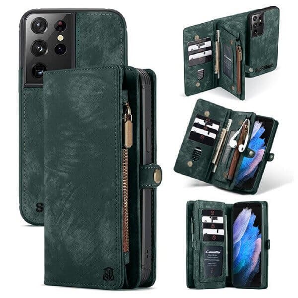 SupRShield Samsung Galaxy S23 Ultra Zipper & Detachable Retro Leather Pouch With Chain Wallet Flip Purse Bag Detachable Phone Case Cover (Green)