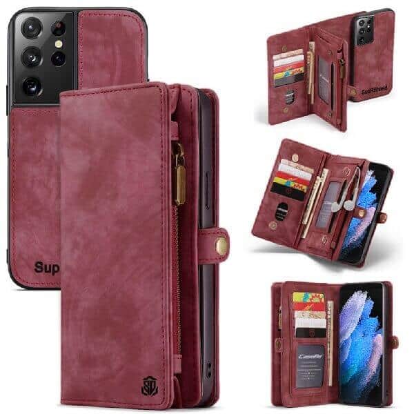 SupRShield Samsung Galaxy S23 Ultra Zipper & Detachable Retro Leather Pouch With Chain Wallet Flip Purse Bag Detachable Phone Case Cover (Red)